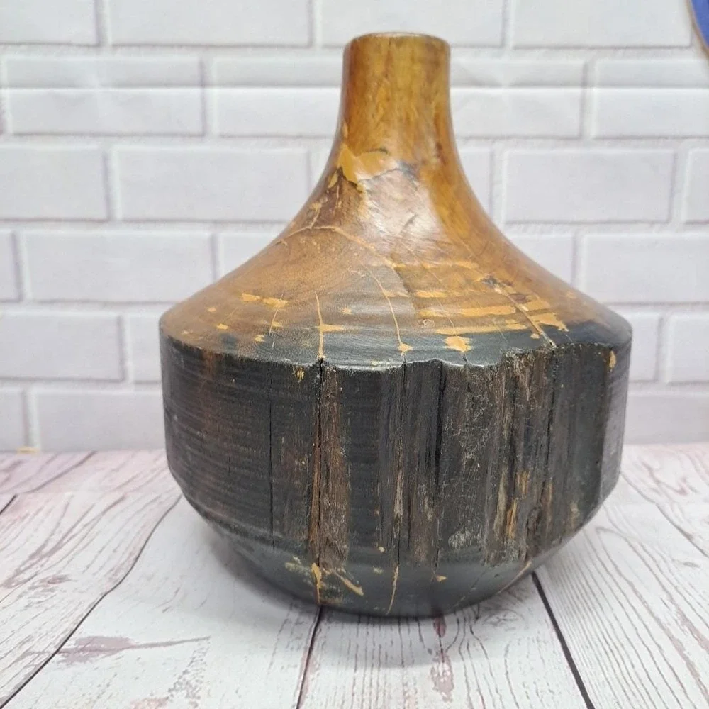VTG Live Edge Sculptural Solid Wood Vessel Vase Weedpot Home Decor, 9in Tall